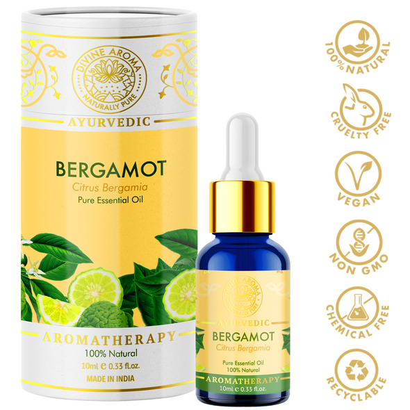 Bergamot Essential Oil, 100% Pure & Natural, FOR ACNE, HAIR HEALTH, ANTI-VIRAL PROPERTIES, UPLIFTING PROPERTIES, 10ml | By Divine Aroma  |  0.34floz