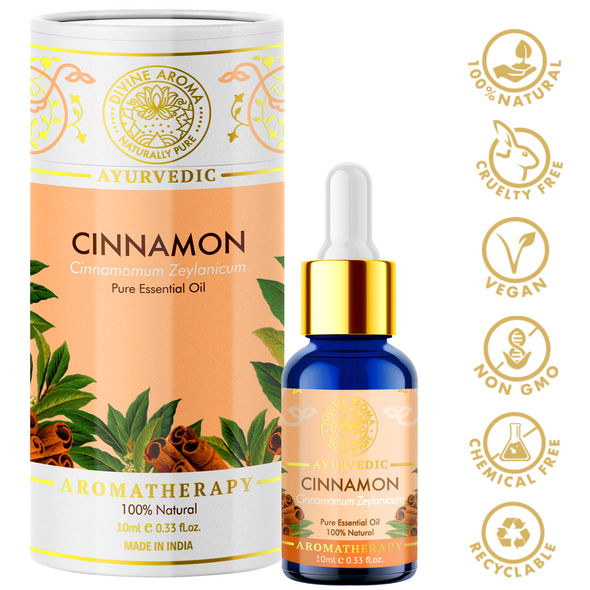 Cinnamon (Bark) Essential Oil, 100% Pure & Natural, For Mental wellness, Aroma, Skin, Hair, Bath, 10ml | By Divine Aroma  |  0.34floz