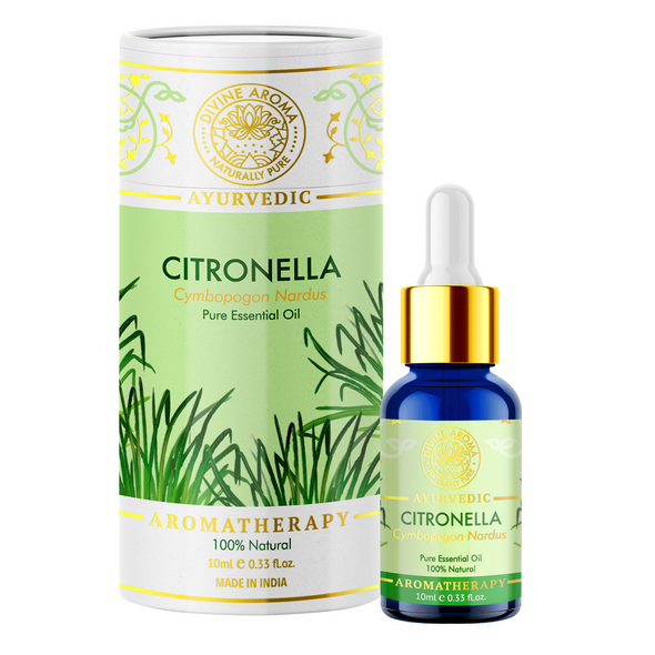 Citronella Essential Oil, 100% Pure & Natural, FOR REPELLING INSECTS, SKIN, HAIR, ELIMINATING ODOURS, 10ml | By Divine Aroma  |  0.34floz