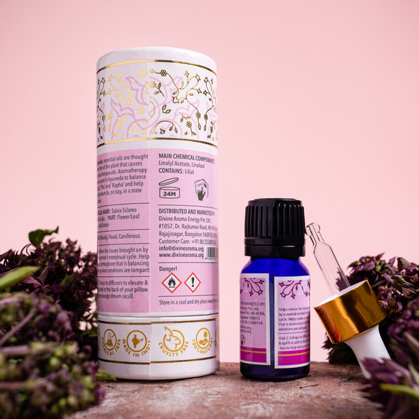 Clary Sage Essential Oil, 100% Pure & Natural, FOR SKIN, HAIR, SLEEP, 10ml | By Divine Aroma  |  0.34floz
