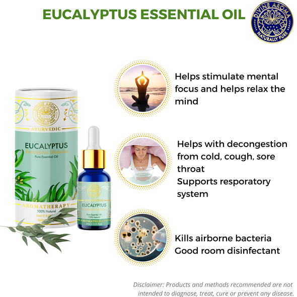 Eucalyptus Essential Oil, 100% Pure & Natural, FOR SKIN, HAIR, ANTI-VIRAL PROPERTIES, CLARITY OF MIND, RESPIRATORY CONGESTION, 10ml | By Divine Aroma  |  0.34floz