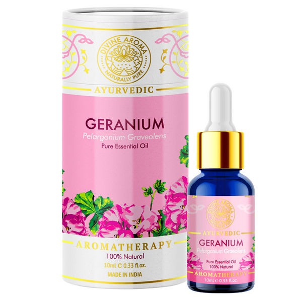 Geranium Essential Oil, 100% Pure & Natural, For Skin Elasticity, Hair, Stress, Repelling insects, 10ml | By Divine Aroma  |  0.34floz