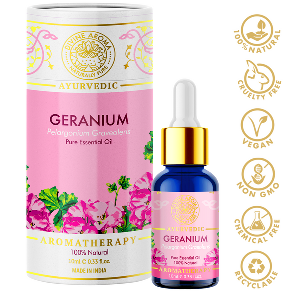 Geranium Essential Oil, 100% Pure & Natural, For Skin Elasticity, Hair, Stress, Repelling insects, 10ml | By Divine Aroma  |  0.34floz