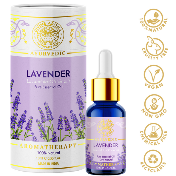 Lavender Essential Oil, 100% Pure & Natural, For Acne, Scars, Hair Grouth, Stress, Sleep, 10ml | By Divine Aroma  |  0.34floz