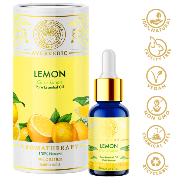 Lemon Essential Oil, 100% Pure & Natural, FOR SKIN, HAIR, REFRESHING PROPERTIES, AIR-PURIFYING PROPERTIES, INSECT BITES, 10ml | By Divine Aroma  |  0.34floz