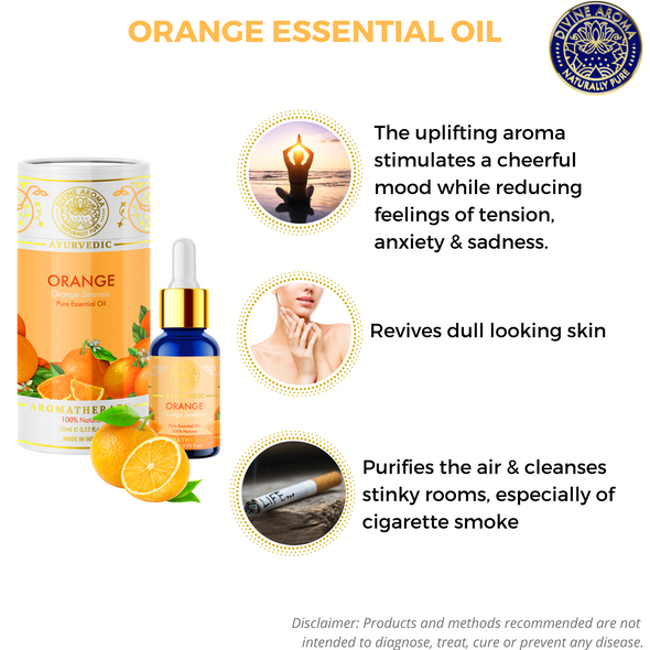 Orange (Sweet) Essential Oil, 100% Pure & Natural, FOR DULL SKIN, HAIR, ENERGISING PROPERTIES, ODOUR ELIMINATION, 10ml | By Divine Aroma  |  0.34floz