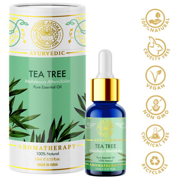 Tea Tree Essential Oil, 100% Pure & Natural, FOR ACNE, BLEMISHES, HAIR, ODOURS, 10ml | By Divine Aroma  |  0.34floz