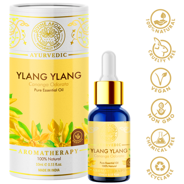 Ylang-Ylang Essential Oil, 100% Pure & Natural, FOR SKIN, HAIR, CALMING PROPERTIES, APHRODISIAC ,10ml | By Divine Aroma  |  0.34floz