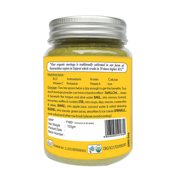 Organic Moringa Powder  | By Praakritik | 3.53oz | 0.22lbs