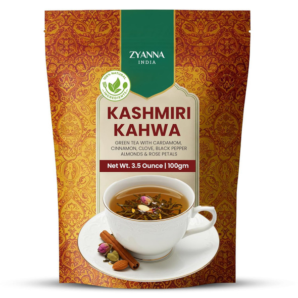 Zyanna Kashmiri Kahwa Tea Premium Loose Leaf Green Tea with Natural Spices, Cardamom, Cinnamon, Almonds & Rose Petals, Authentic Kashmiri Chai|100 g|3.53 Oz