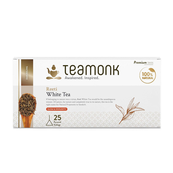 Teamonk Reeti USDA Certified Organic Darjeeling White Tea Bags Pack - Box of 25 Pcs of Biodegradable Pyramid Tea Bag. Rich in Polyphenols. Promotes Glowing Skin, Immunity|2.0768Oz|0.1298lbs