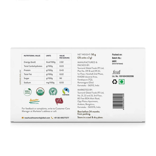 Teamonk Reeti USDA Certified Organic Darjeeling White Tea Bags Pack - Box of 25 Pcs of Biodegradable Pyramid Tea Bag. Rich in Polyphenols. Promotes Glowing Skin, Immunity|2.0768Oz|0.1298lbs