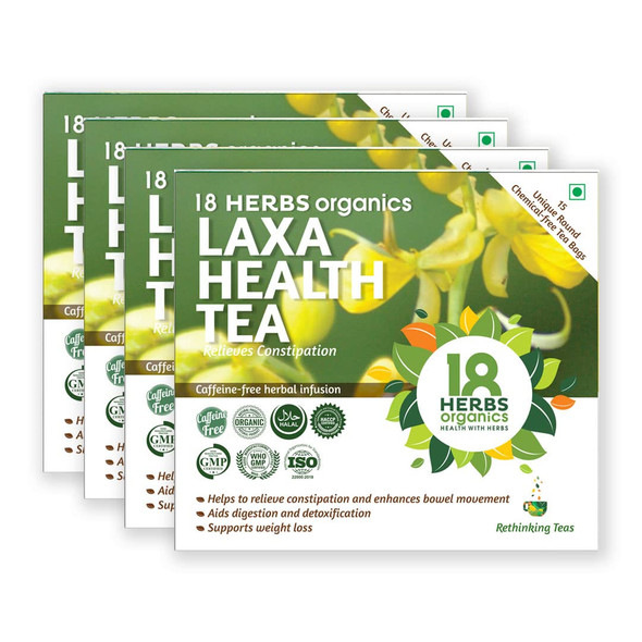 18 Herbs Organics Laxa Health Tea (15 Tea Bags - 21 grams - Duplex Carton - Pack of 4) Herbal Tea With Laxatives For Constipation - Chemical Free Unique Round Detox Tea Bags - Enhances Bowel Movement|6.8288Oz|0.4268lbs
