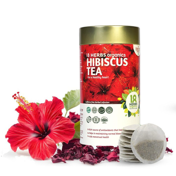 18 Herbs Organics Health With Herbs Hibiscus Tea (40 Tea Bags - 54 grams - Tin caddy - Pack of 1) Caffeine Free Tea With Herbal Infusion | Chemical Free Unique Round Tea Bags For a Healthy Heart|1.9008Oz|0.1188lbs