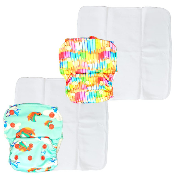 Kindermum Birdie and Colourful Art Lite Cloth Diaper With Quick Dry Organic Cotton Insert, daytime reuseable diaper fits 0-4 years baby - Pack of 2 (Birdie colorful Art)|5.28Oz|0.33lbs