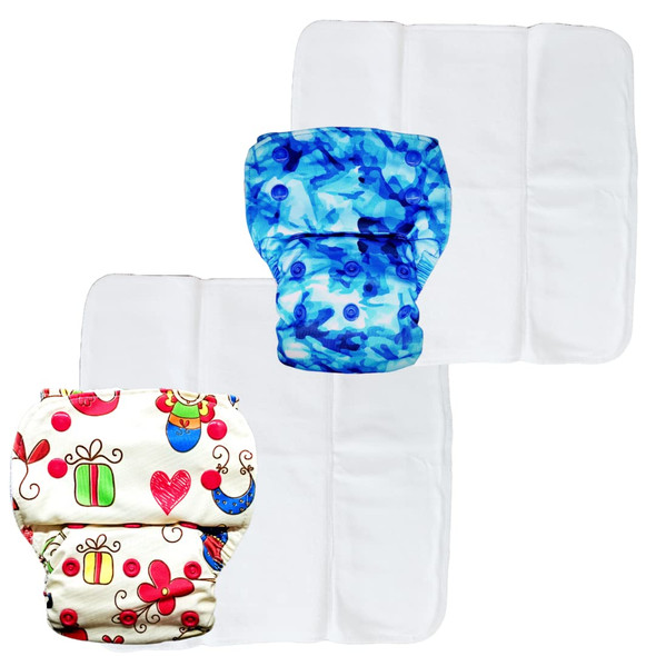 Kindermum Baby Doodle and Aqua Lite Cloth Diaper With Quick Dry Organic Cotton Insert, daytime reuseable diaper fits 0-4 years baby - Pack of 2 (Baby Doll Aqua Nano)|3.52Oz|0.22lbs