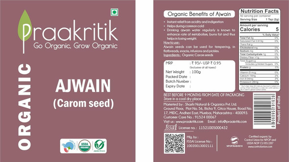 Praakritik Organic Ajwain | Carom Seeds | Ajwain Seeds | 100% Organic | 100% Natural | Antioxidant | No Added Preservatives | Pack of 4 | 100 Grams Each|14.08Oz|0.88lbs
