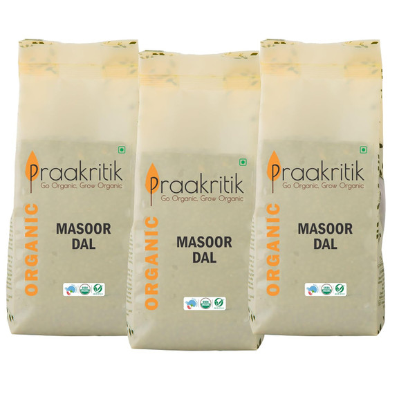 Praakritik Organic Split Masoor Dal | 100% Organic | 100% Natural | daal grocery | Organic Healthy Pulses | No Added Preservatives and Colors | Pack of 3 | 500 Grams Each|52.8Oz|3.3lbs