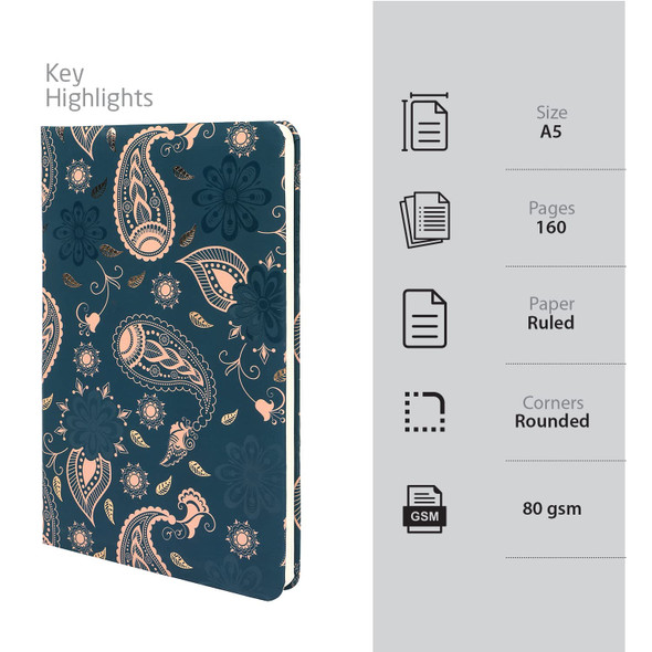 DOODLE Hard Bound Notebook Diary with Bookmark - A5 I 160 Ruled Pages I 80 GSM I Undated (Paisley Pattern) [Fit Tuber Recs]