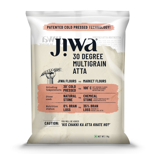 JIWA healthy by nature 30 Degree Multigrain Flour / Atta| Patented Cold Pressed Flour | Slow Ground | Sweet Taste And Aroma | Puffed Soft Rotis | 1 kg | 2.20 lb [Fit Tuber Recs]