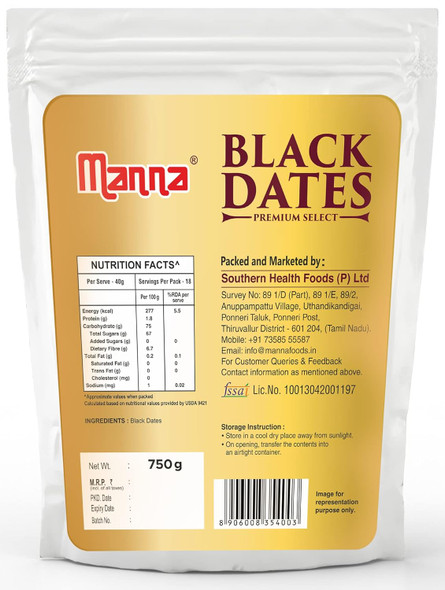 Manna Black Dates Khajur Khajoor Fresh 100% Natural. Rich in Iron, Fibre & Vitamins | Premium Imported | 750 grams | 26.46 oz [Fittuber Recs]