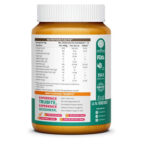 Trubite Natural Peanut Butter (Crunchy) | Unsweetened | 30g Protein | Non GMO | Gluten Free | Cholesterol Free | 1KG | 2.20 lb [Fittuber Recs]