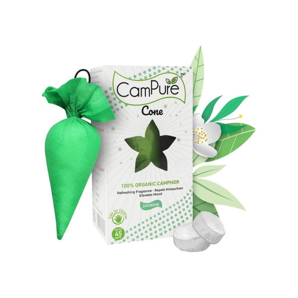CamPure 100% Organic Camphor Car Freshener Cone - Jasmine|60 g