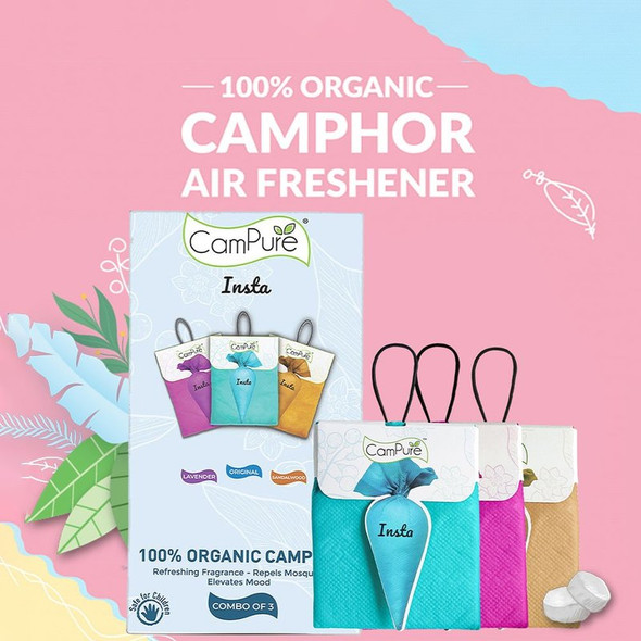 CamPure 100% Organic Camphor Car Freshener Cone - Original, Sandalwood and Lavender|1 pack (3 x 30 g)