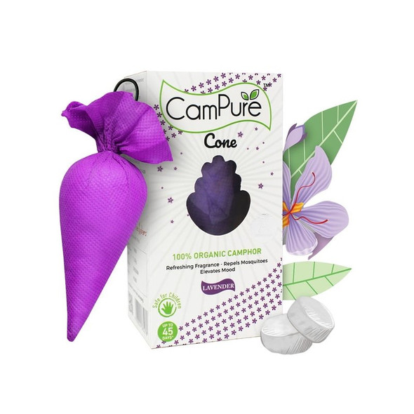 CamPure 100% Organic Camphor Car Freshener Cone - Lavender|60 g