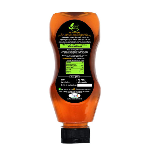 Canaan Group's Oh Honey | Premium Honey Organic | 100% Raw Honey | Squeezy Pack | No Added Sugar | 600g