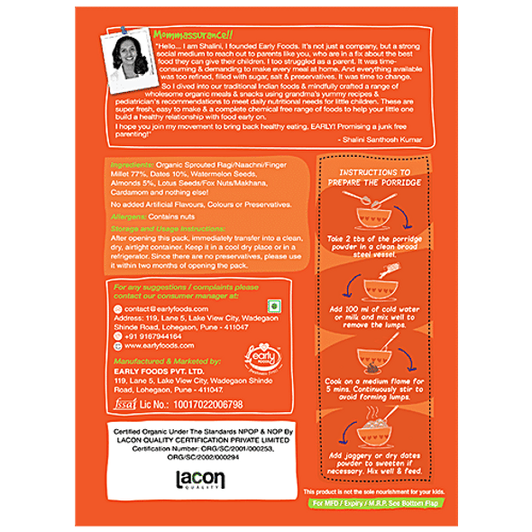 Early Foods Organic Sprouted Ragi, Almond & Dates Porridge Mix - Vegan, Gluten Free|200 g