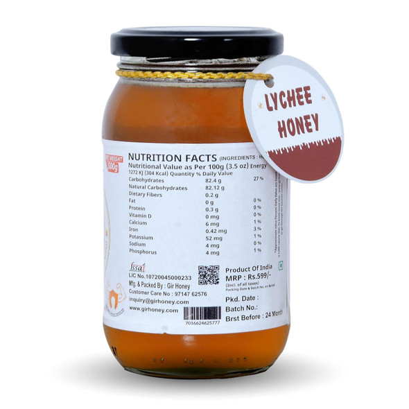 GIR HONEY LYCHEE Organic Raw Honey | NMR Tested 100% Raw & Pure Honey | Unprocessed, Unpasteurized, Unheated & Unadulterated | 500gm Jar