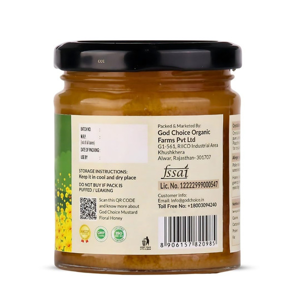 God Choice Organic Farms – 230 GM Raw Monofloral Honey | Mustard flower | Unpasteurized |Unprocessed | Unfiltered | Unblended | Sugar Free | Pure & Organic Honey (Glass Jar)