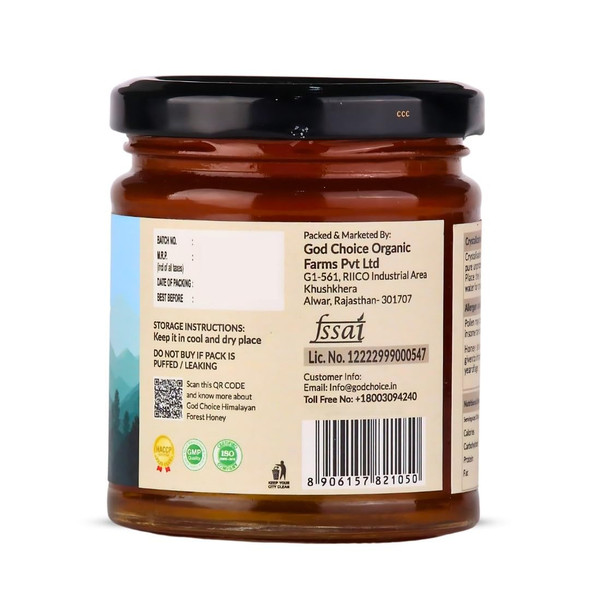 God Choice Organic Farms - 230gm Himalayan Forest Honey | Raw Wild Forest Honey | Unpasteurized | Unprocessed | Unfiltered | Unblended | Sugar Free | Pure & Organic Honey | NMR Tested | Natural Immunity Booster for all age groups (Glass Jar)