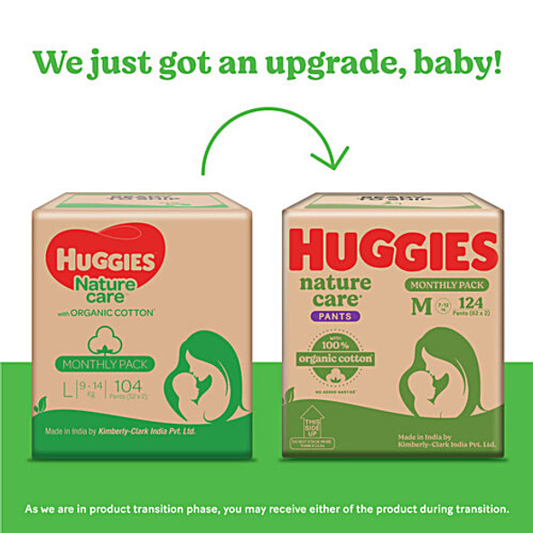 Huggies Nature Care Pants for Babies, Medium (M) Size Baby Diaper Pants,Nature's gentle protection with 100% organic cotton, Small Size|124 pcs