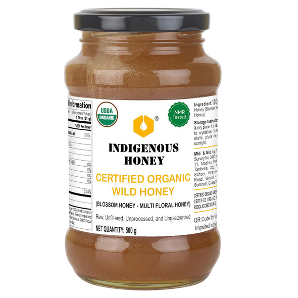 INDIGENOUS HONEY Raw Organic Honey NMR Tested NPOP Organic USDA Certified Pure Natural Unprocessed Original Honey - 500 g Glass Jar (Pack of 1)