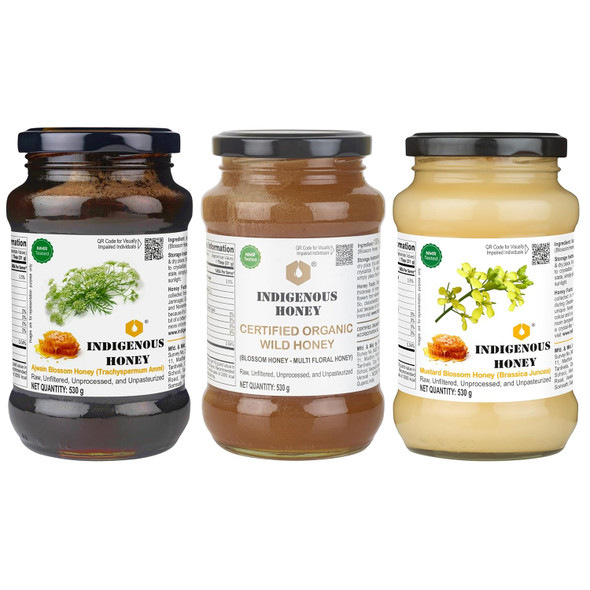 INDIGENOUS HONEY Nmr tested Raw Ajwain Unprocessed Natural Pure Honey with Certified Organic wild honey and Nmr tested Raw Crystallized Honey trio pack