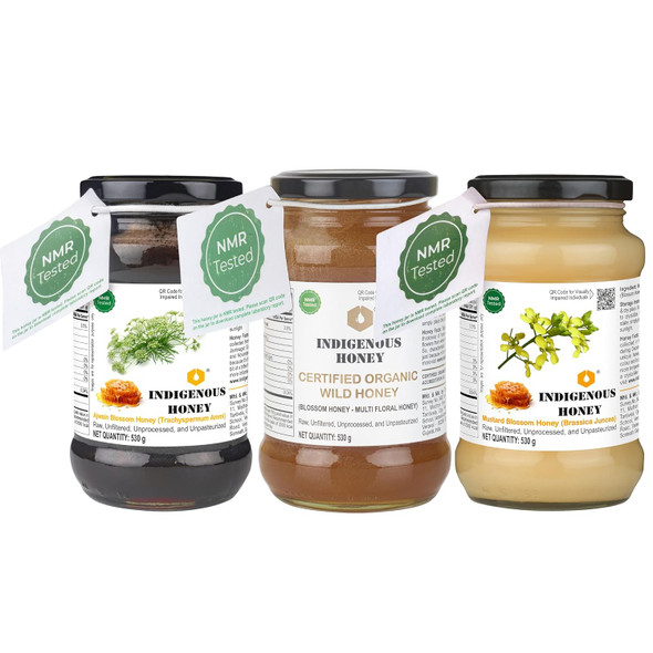 INDIGENOUS HONEY Nmr tested Raw Ajwain Unprocessed Natural Pure Honey with Certified Organic wild honey and Nmr tested Raw Crystallized Honey trio pack