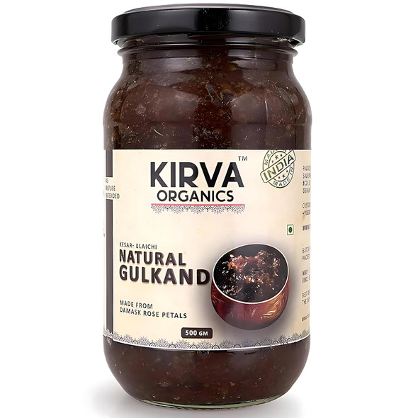 Kirva Organics Natural Gulkand | Pure Sun-Cooked Damask Rose Petals & Rock Sugar | Infused with Kesar & Elaichi | Ayurvedic Digestive & Natural Coolant | No Artificial Flavors | 500g Glass Jar