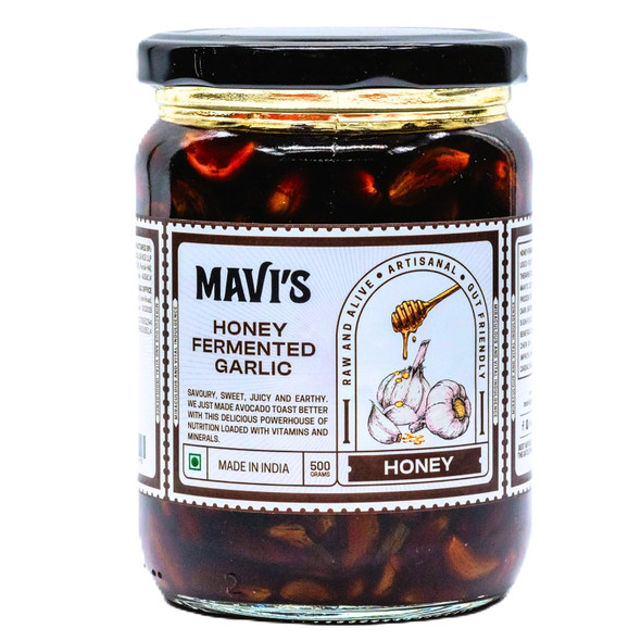 MAVI's Honey Fermented Garlic | Long Ferment | 100% Natural & No Preservatives, Artificial Flavour, Colour or Sweetener | Gluten Free | Organic Garlic Pods and Wild Raw Honey| 500g | Pack of 1