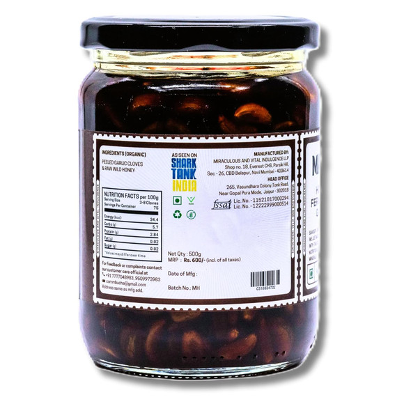 MAVI's Honey Fermented Garlic | Long Ferment | 100% Natural & No Preservatives, Artificial Flavour, Colour or Sweetener | Gluten Free | Organic Garlic Pods and Wild Raw Honey| 500g | Pack of 1