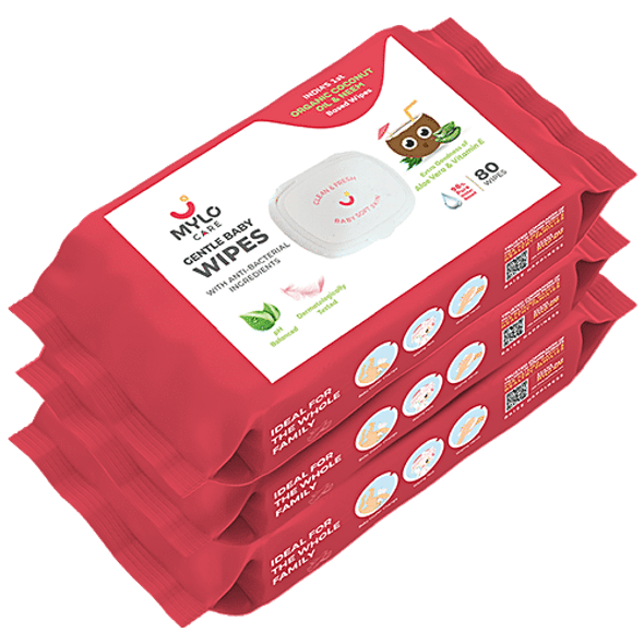 Mylo Care Gentle Baby Wipes With Lid - Anti-Bacterial, Soft Cleansing With 98% Pure Water, Organic Coconut Oil & Neem, For Daily Skin Care Routine, Free From Parabens & Soap|80 Wipes