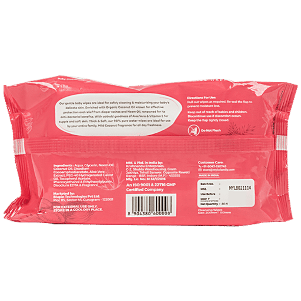 Mylo Care Gentle Baby Wipes With Lid - Anti-Bacterial, Soft Cleansing With 98% Pure Water, Organic Coconut Oil & Neem, For Daily Skin Care Routine, Free From Parabens & Soap|80 Wipes
