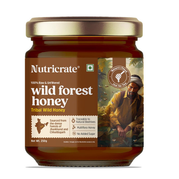 Nutricrate Wild Forest Honey | 100% Pure & Organic, Unprocessed Raw Honey from Jharkhand & Chhattisgarh | No Sugar Adulteration, Natural Honey from Wild Beehives | 250g Pack of 1