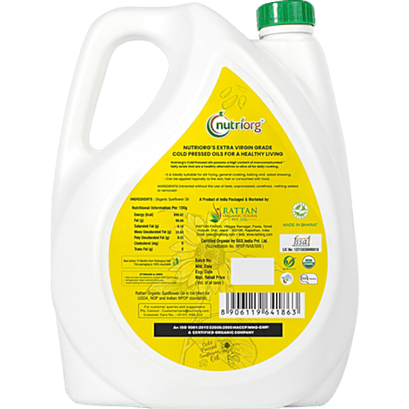 Nutriorg Cold Pressed Organic Sunflower Oil|5 L