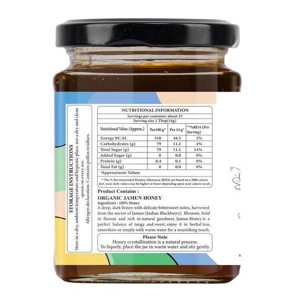 Organic Nation Jamun Honey – Raw, Unprocessed, Natural Sweetener – Sourced from Wildflowers – Immunity Booster – No Added Sugar 325g