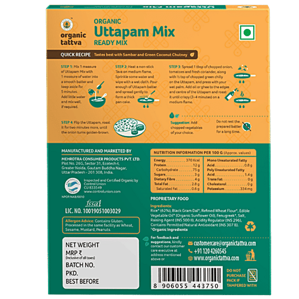 Organic Tattva Organic Uttapam Ready Mix - Crispy, Source Of Protein, Zero Cholesterol|200 g