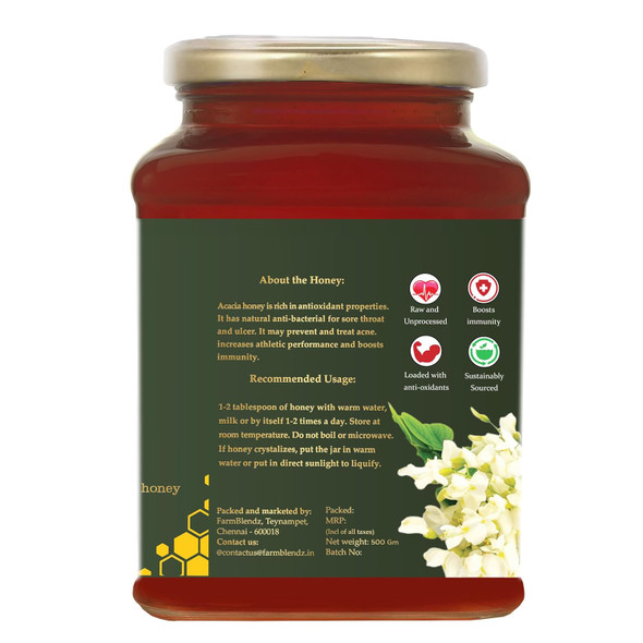 ORGBLENDZ-Certified Organic Raw unprocessed Kashmir Wild Acacia Honey,Unrefined,Non Pasteurized,Lab Tested Sugarfree,antioxidants| Honey in Fresh|Chemical Free, No Adulteration (500 GM)