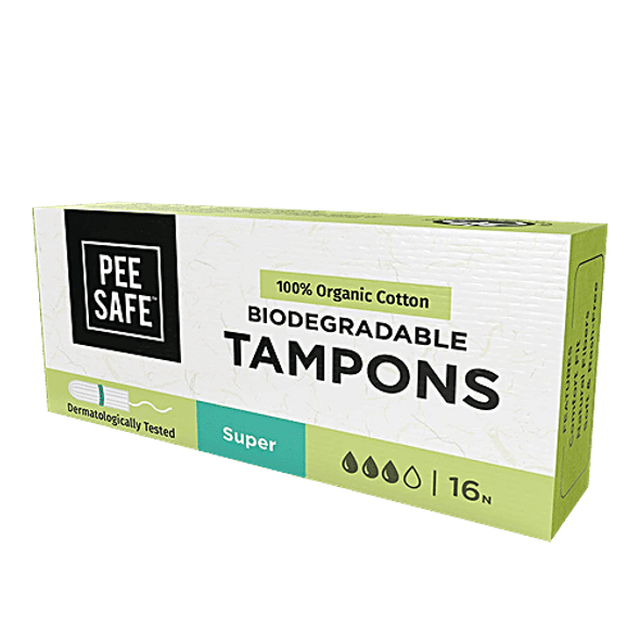 Pee Safe 100% Organic Cotton Biodegradable Tampons - Super|16 pcs