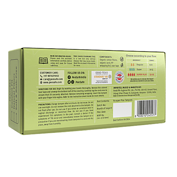 Pee Safe 100% Organic Cotton Biodegradable Tampons - Regular|16 pcs